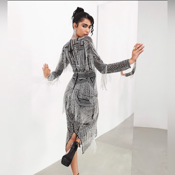 ASOS EDITION beaded fringe and sequin bodycon midi dress in black - Picture 2 of 15